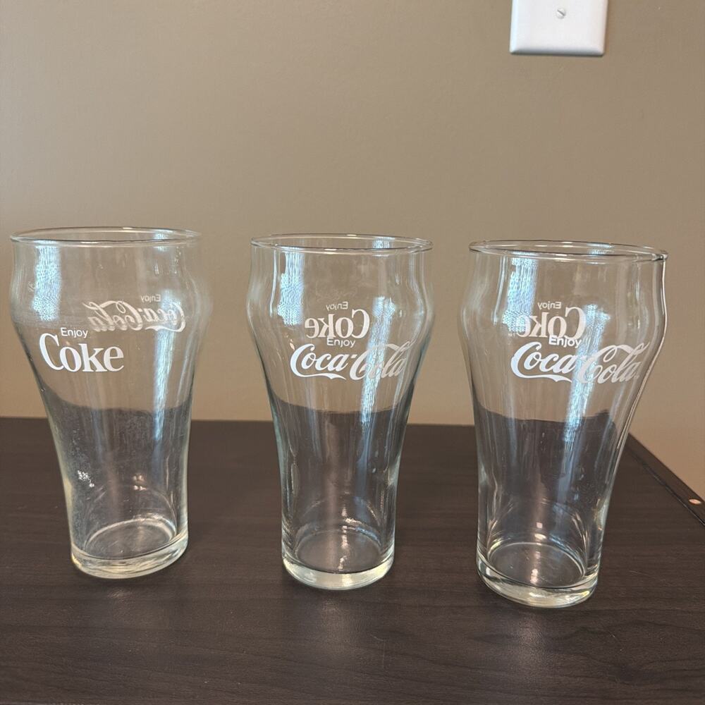 3 Vintage 1970s Coca-Cola Glasses 6" Clear Glass White “Enjoy Coke” Letters